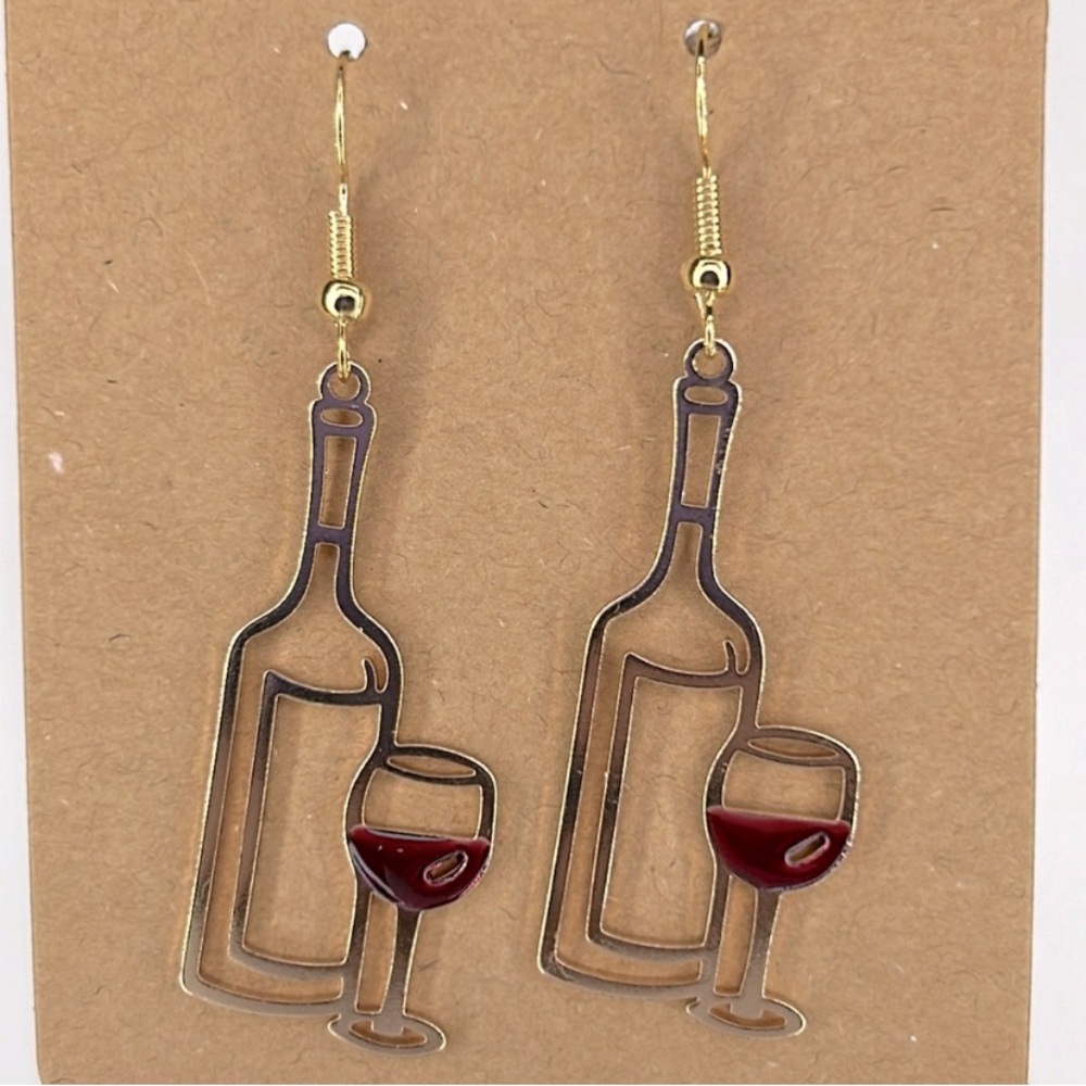BOGONWTWine Bottle & Wine Glass 18k Gold Platted Hook Design Dangle Earrings